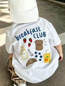 Baby Boy Cute Food Pattern Back Print Basic T-Shirt, Milk Strawberry Croissant Cartoon Pattern Loose Fit Summer Top - White - View 3