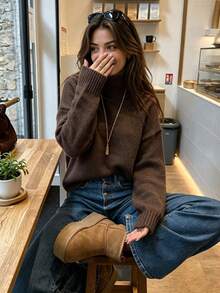 Sweater Rajut Hangat Longgar Berkerah Tinggi untuk Musim Gugur/Dingin, Bahu Jatuh, Atasan Pullover Tebal Lembut Bergaris, Pakaian Rajut Serbaguna Minimalis untuk Perjalanan Sehari-hari dan Berlapisan - Coffee Brown - View 2