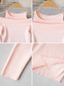 Pink 2 In 1 Fitted Knit Sweater, Sexy Off-Shoulder Design, Autumn/Winter Base Layer Top For Women - Pink - View 10