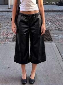 SCARLUX Women's Y2K Black Faux Leather Wide Leg Cropped Pants, Drawstring Elastic Waist, Suitable For Back To School Season Daily Streetwear - Black - View 8