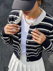 This Women's Fashion Striped Cardigan, Long Sleeve Design With Button Details, Is The Perfect Choice For Creating A Cute Autumn Look - Multicolor - View 6