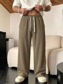 Men's Vertical Striped Corduroy Wide Leg Casual Pants, Elastic Drawstring Straight Leg Long Pants, Autumn Loose Drapey Floor-Length Trousers - Coffee Brown - View 8