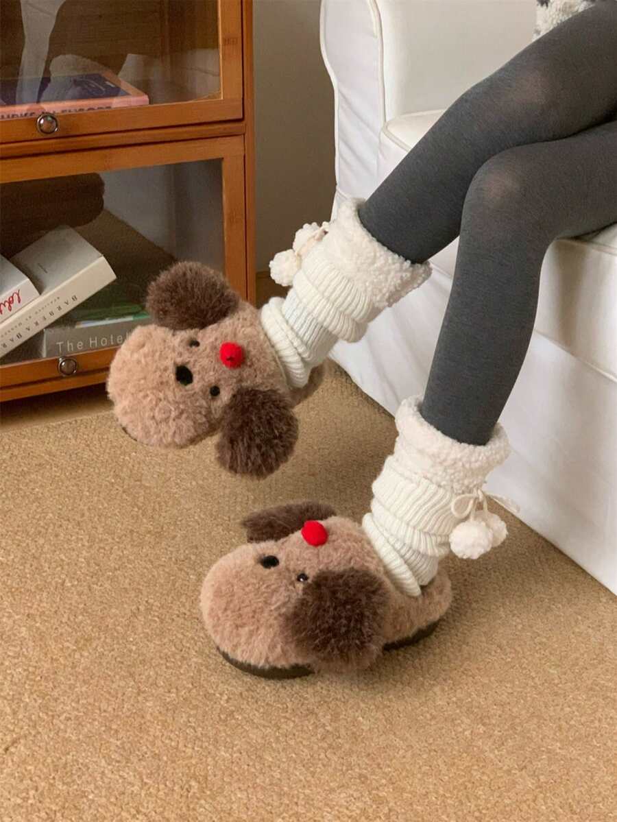 XIXITIAO Cute Cherry Dog Closed‑Toe Slippers, Warm Soft‑Soled Cozy Indoor Home Slippers - Brown - View 1