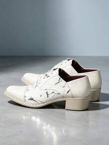 QRLQRL Men's Patchwork Lace-Up Dress Shoes With Artistic Textured Upper And Square Chunky Heel, Suitable For Spring/Autumn, Business Occasions, Gatherings And Short Trips - White - View 2