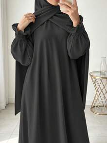 Busana Sehari-hari Wanita Timur Tengah, Set Hijab dan Abaya 2 Potong yang Serasi, Gaun Panjang Lengan Mengembang Longgar dengan Manset Elastis - MultiWarna - View 11