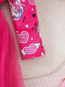 Young Girls Spring/Autumn Sweet Flutter Sleeve Cartoon Print Bow Puff Tulle Princess Dress - Hot Pink - View 5
