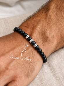 1PC Men's Personalized Name Engraved Beaded Bracelet, Natural Matte Black Stone Bracelet, Supports Customization Of 1-5 Names, Natural Stone Bracelet With 1-5 Names Engraved On Stainless Steel Spacers, Matte Black Natural Stone Beaded Bracelet, Minimalist Matte Men's Accessory, Carrying Family And Loved Ones' Names As Memorial, Minimalist High-End Men's Jewelry, Family Affection Memorial Style, Birthday Anniversary Gift, Exclusive Memorial Bracelet For Husband, Father, Boyfriend - Natural Stone Bracelet - View 1