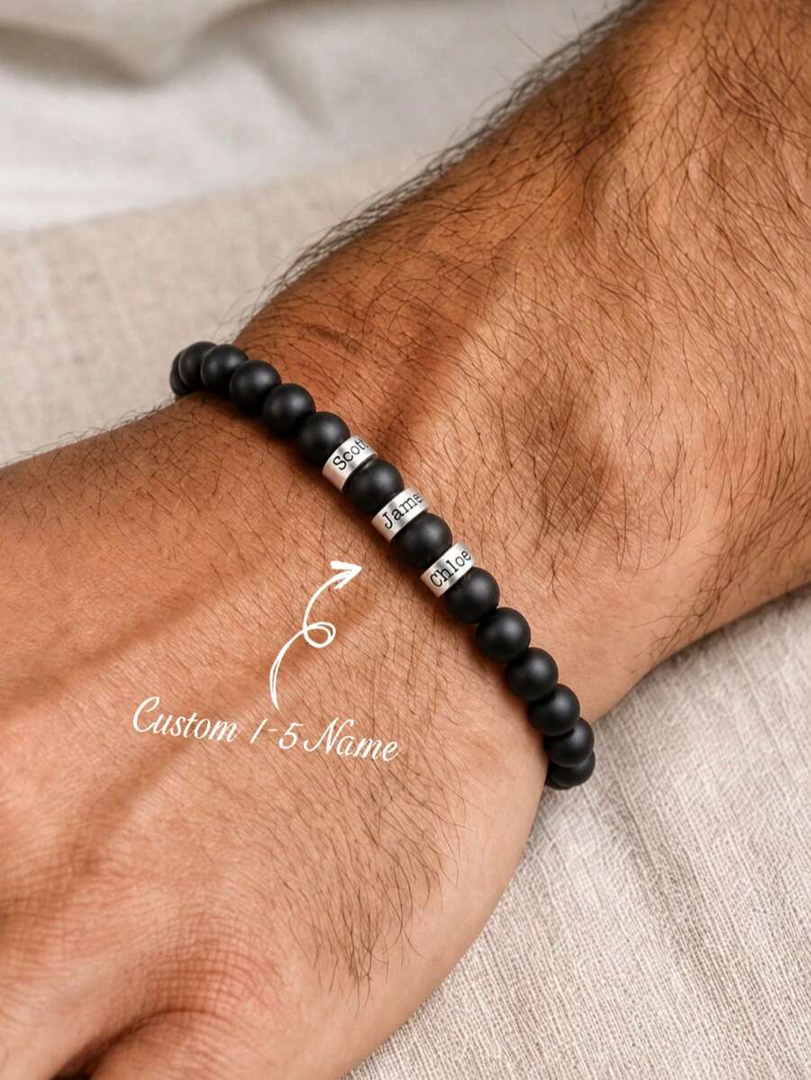 1PC Men's Personalized Name Engraved Beaded Bracelet, Natural Matte Black Stone Bracelet, Supports Customization Of 1-5 Names, Natural Stone Bracelet With 1-5 Names Engraved On Stainless Steel Spacers, Matte Black Natural Stone Beaded Bracelet, Minimalist Matte Men's Accessory, Carrying Family And Loved Ones' Names As Memorial, Minimalist High-End Men's Jewelry, Family Affection Memorial Style, Birthday Anniversary Gift, Exclusive Memorial Bracelet For Husband, Father, Boyfriend - Natural Stone Bracelet - View 1