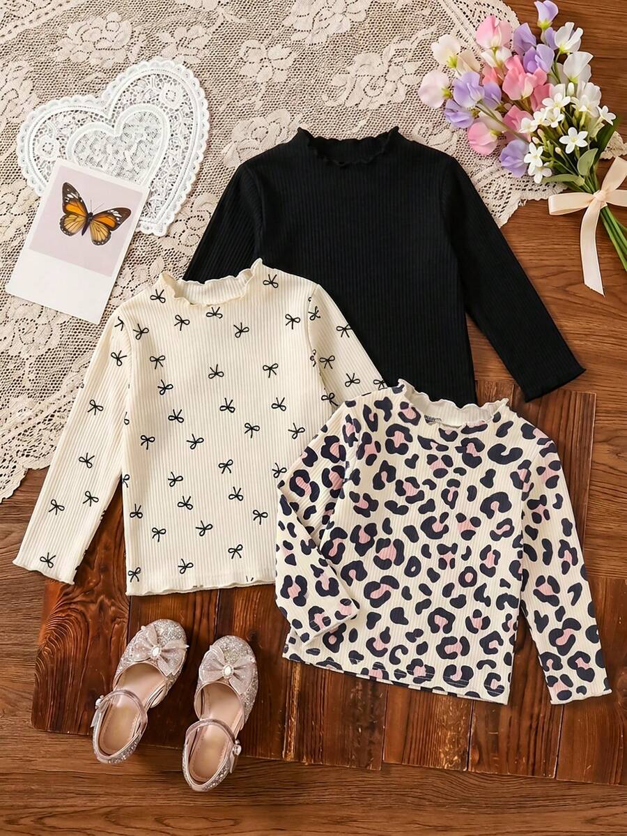 3pcs/Set Baby Girl Fashion Autumn Leopard Print Bow Long Sleeve T-Shirt, Children Simple Basic Elastic Ruffle Collar Spring Top - Multicolor - View 1