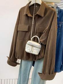 Women's Corduroy Jacket, Elegant Lapel, Casual Button Front, Solid Color, Machine Washable, Suitable For Spring And Autumn - Coffee - View 3