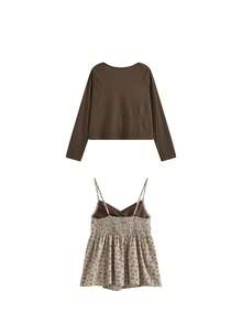 Ditsy Floral Tie-Strap Camisole & Bell Sleeve Cardigan 2-Piece Set For Women, Slimming, Autumn - Picture Color - View 7