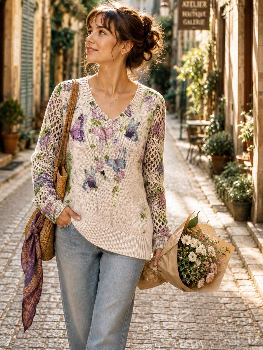 Elegant Floral Print V-Neck Long Sleeve Sweater, Versatile For Spring, Summer, Autumn, Winter, Bohemian Style, Travel Vacation Fall - Blue-purple - View 1
