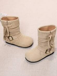 Girls Mid-Calf Long Boots Fashion Ruched Boots Student Boots - Beige - View 5
