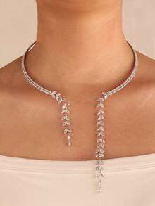 1pc Fashionable Sparkling Leaf-Shaped Adjustable Choker Necklace, Elegant Accessory For Formal Dresses - Silver - View 3