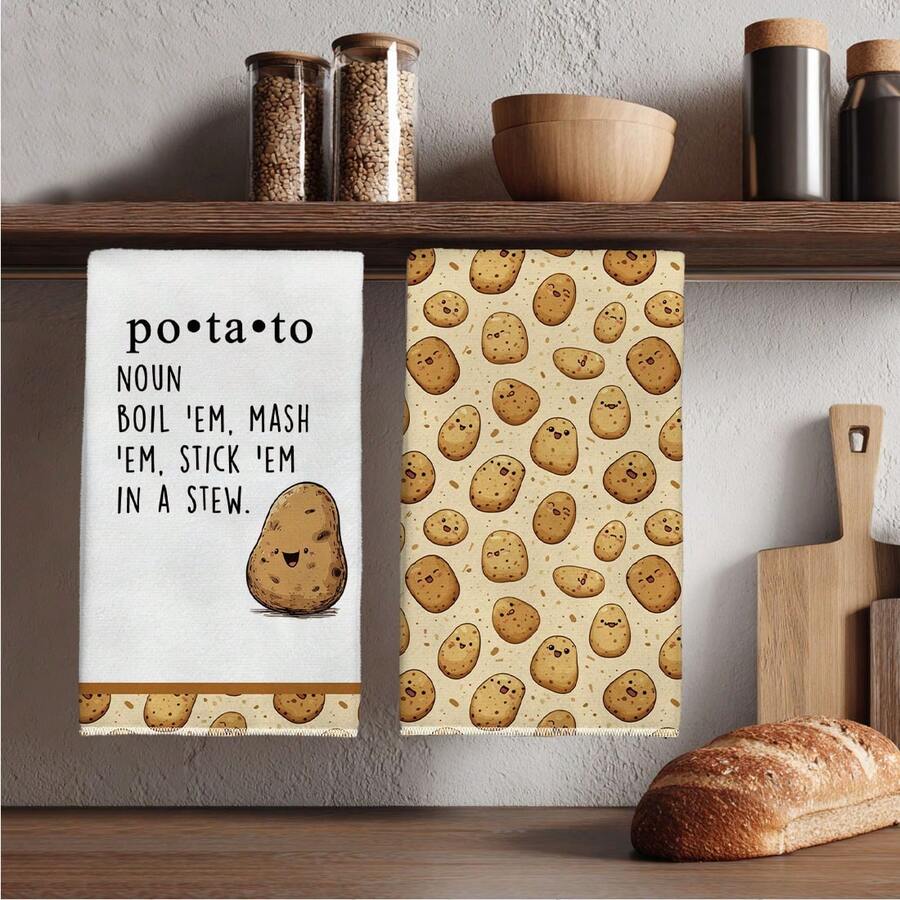 2pcs Funny Potato Text Cute Food Theme Pattern Kitchen Towels, 40*60cm Soft Microfiber Material Tea Towels, Suitable For Home Kitchen Restaurant Outdoor Camping Tabletop Cleaning Dish Cloth Hand Towel Accessories, Home Kitchen Towels Holiday Gift - Multicolor - View 1