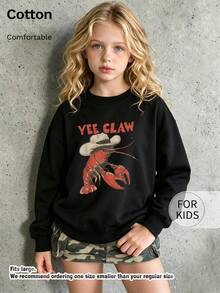 Tween Girl Crew Neck Sweatshirt, Yee Claw Cowboy Lobster Graphic Printed Cotton Pullover For Tween Girl - Black - View 2