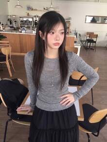 Niche Design Layered Tank Top 2 In 1 Knit Sweater Top Women's Autumn Slim Fit Soft Base Layer - Grey - View 5