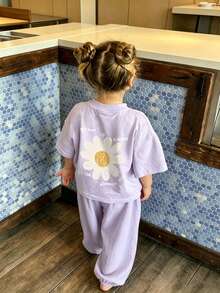 Blusa de manga corta con cuello redondo y estampado de margaritas minimalista para niñas bebé - Púrpura malva - Ver 2