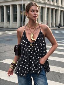 Women's Summer Cool Solid Color Daily Spaghetti Strap Short Bohemian Beach Style Deep V Backless Tie Loose Slimming Flowy Ruffle Hem Tank Vacation - Black and White - View 1