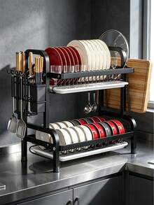 1 Set Premium 2-Tier Metal Dish Drying Rack With Drain Board - Large Capacity Kitchen Organizer For Bowls, Plates, Utensils, Knives And Cutting Boards, Modern Durable Kitchen Rack, Kitchen Dish Rack - Multicolor - View 4