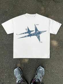 100% Cotton.New Men's T-Shirt With Y2K Print, Classic Black Fit And Loose Cut, Featuring A Distressed White Star Pattern And Detailed Text Logos. - White - View 1
