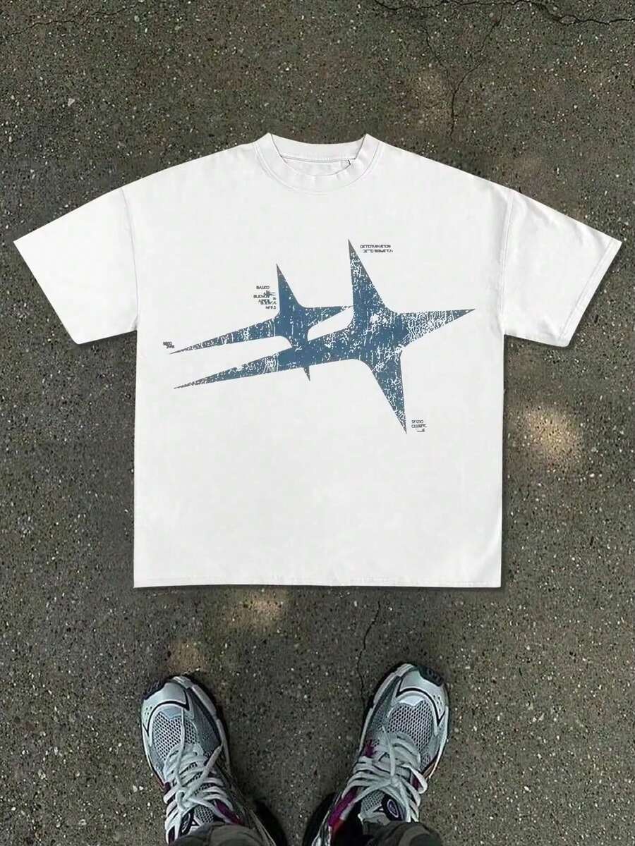 100% Cotton.New Men's T-Shirt With Y2K Print, Classic Black Fit And Loose Cut, Featuring A Distressed White Star Pattern And Detailed Text Logos. - White - View 1