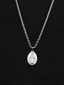 1pc Minimalist Personalized French Vintage Stainless Steel 18K Gold Plated Oval Portrait Virgin Mary & Jesus Pendant Twisted Chain Necklace - Multicolor - View 6