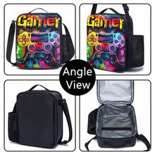 Colorful Game Controller & Graffiti Print Boy Teen Lunch Bag, Black Zipper Handbag With Top Handle, Shoulder Strap And Side Mesh Pocket - GAME-13 - View 4