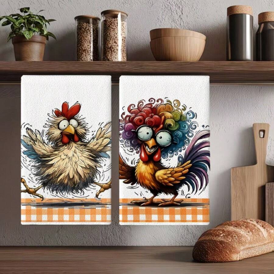 2pcs Vintage Pastoral Chicken Pattern Kitchen Towels, Soft Skin-Friendly Hand Towels, Absorbent Cleaning Cloths, Reusable Cleaning Rags, Suitable For Kitchen, Living Room, Bathroom And Home Decor, Holiday Gift For Friends - Orange - View 1