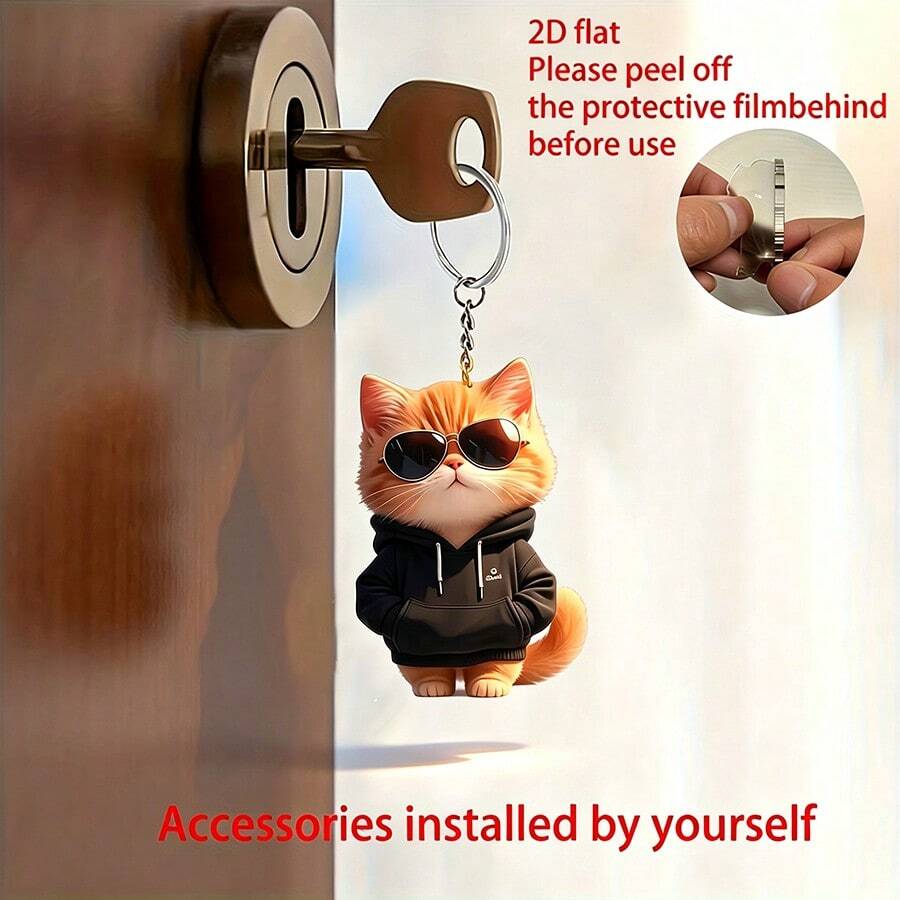 1pc Creative Cool Fashion Glasses Cat Car Rearview Mirror Hanging Ornament/Bag Decoration Pendant/Car Keychain Pendant/Holiday Small Gift - Cat Keychain - View 1