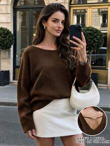 Women Autumn Off Shoulder Knit Sweater Long Sleeve Loose Fit Soft Knit Top Fall Outfits For Women Clothes - Brown - View 1