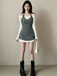 Korean Style Elegant Halter Neck Short Long Sleeve Dress For Women Spring - Grey - View 6