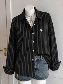 Fashion Striped Print Women's Elegant Versatile Loose Long Shirt, Suitable For Commuting And Daily Wear, All Seasons - Black - View 5
