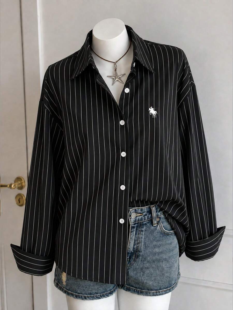 Kemeja Panjang Longgar Wanita Elegan Serbaguna dengan Motif Garis-Garis, Cocok untuk Bepergian dan Pemakaian Sehari-hari, Sepanjang Musim - Hitam - View 1
