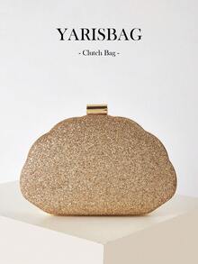 Women's Evening Clutch Bag, Hard Shell Box Bag, Glitter Evening Bag, Solid Color Gold Portable Makeup Bag With Detachable Shoulder Strap, Suitable For Prom, Party, Wedding, Holiday Gathering - Gold - View 1