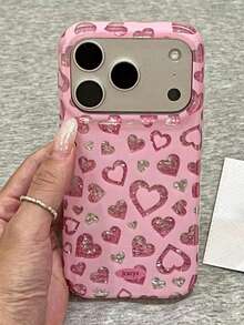 1PC Fashion Full Screen Sequin Pink Heart Solid Color Phone Case Compatible With IPhone 17 Pro Max 17 Pro 17 16 Pro Max 16 Pro 16 15 Pro Max 15 Pro 15 14 Pro Max 14 Pro 14 13 12 Pro Max 13 12 Pro 11 Cute Sweet Shockproof Protective Cover - Pink - View 14