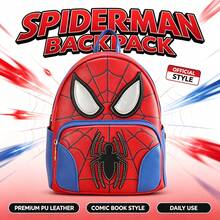 Mesuca 1pc Mini Daily Backpack Marvel Official Licensed Spider-Man Cartoon Print Red & Blue Faux Leather Multi-Zipper Pockets Lightweight Portable Travel Small Shoulder Bag - Multicolor - View 1