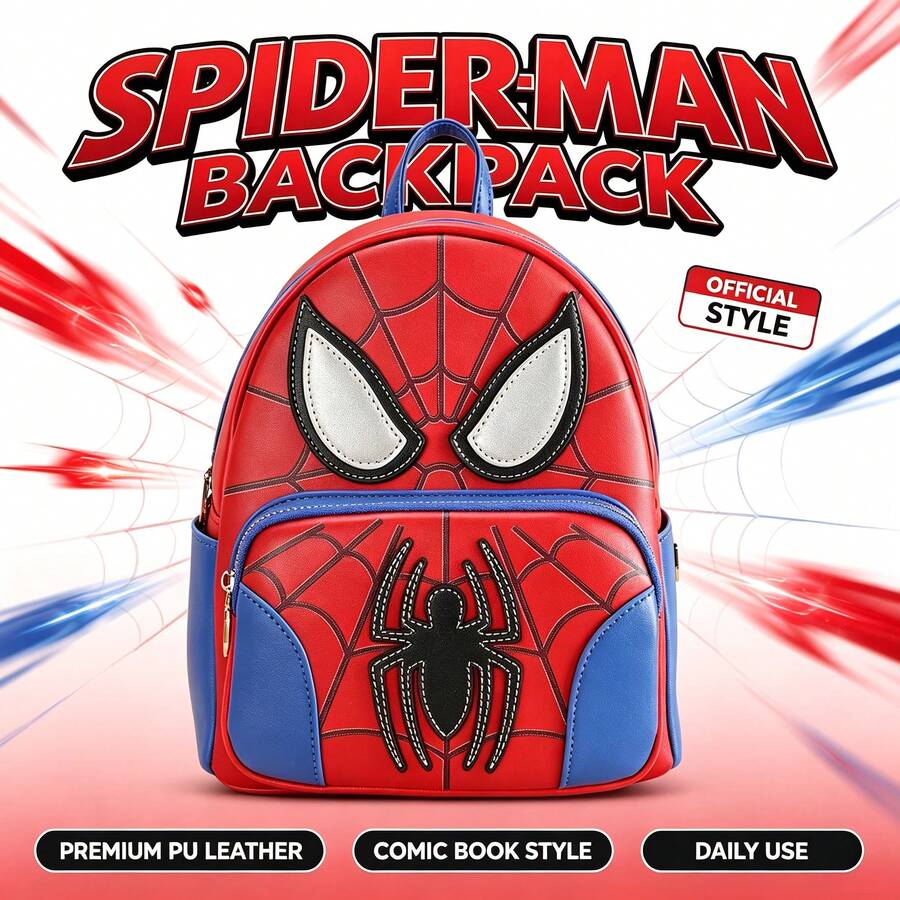 Mesuca 1pc Mini Daily Backpack Marvel Official Licensed Spider-Man Cartoon Print Red & Blue Faux Leather Multi-Zipper Pockets Lightweight Portable Travel Small Shoulder Bag - Multicolor - View 1