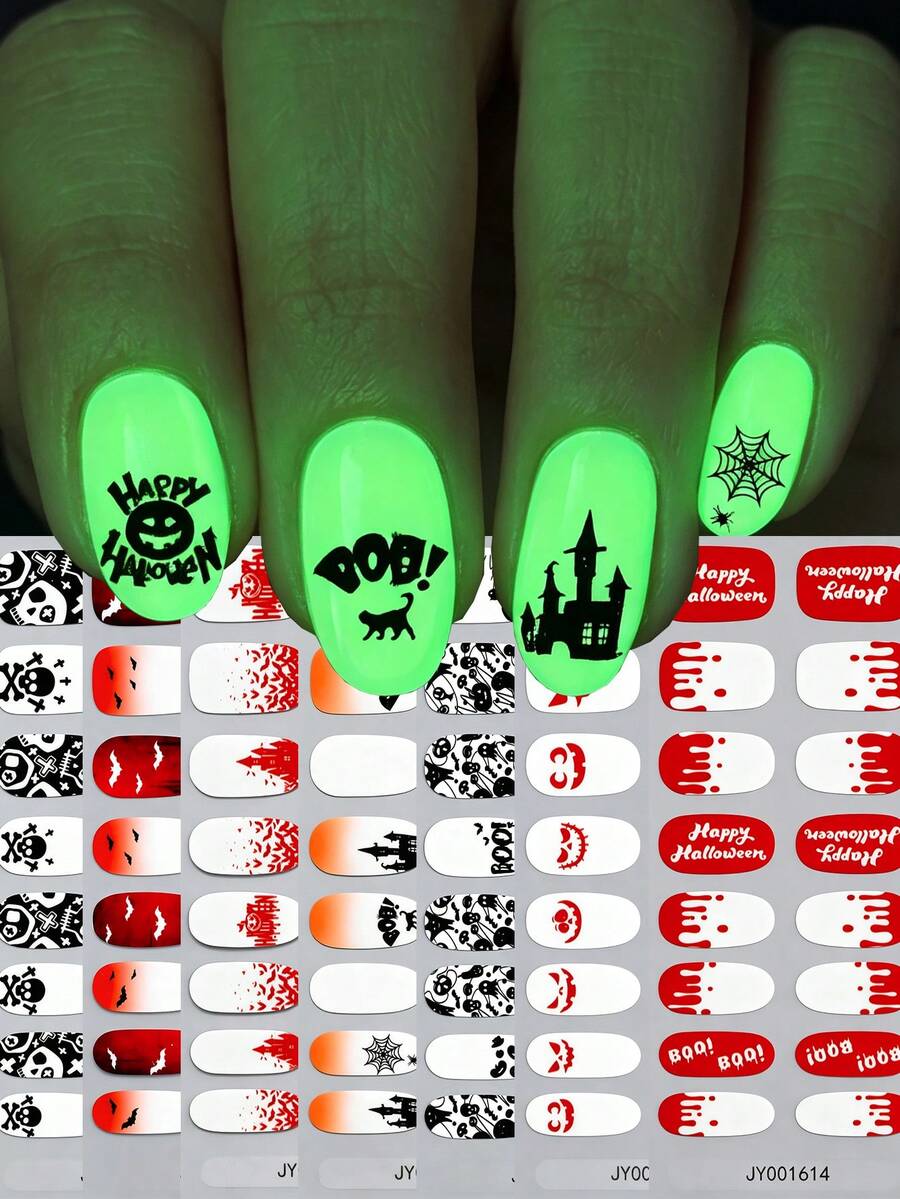 7Sheets Glow In The Dark Halloween Nail Wraps, 16Tips Luminous Skull Web Witch Bood Pattern Self‑Adhesive Full Nail Polish Strips, Gradient French Halloween Party DIY Manicure Decorations