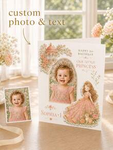 Personalized Photo First Birthday Greeting Card, Custom Name And Age, Princess Theme With Floral Fairy Tale Artwork, Picture Birthday Card For Girls, First Birthday Celebration Card, Custom Photo Card For Daughter, One Year Old Birthday Keepsake - Multi-color - View 1