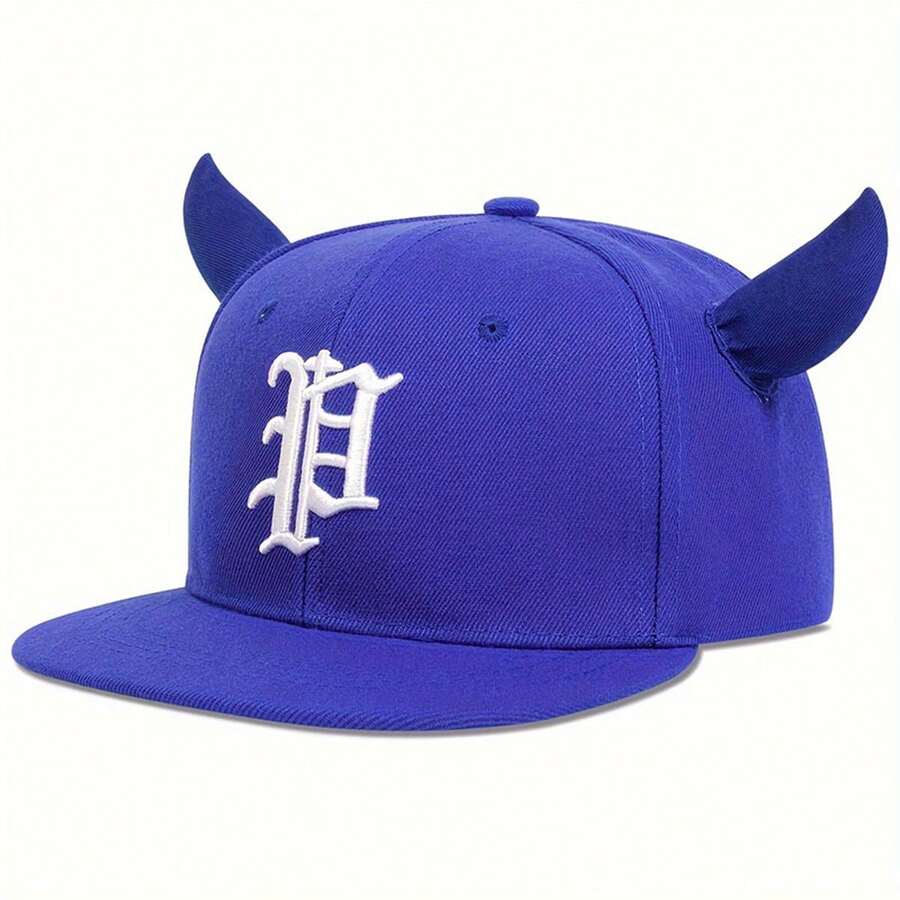 1pc Men's Horn Gothic Letter Embroidered Hip Hop Hat, Adjustable Sun Protection Casual Cap, Spring/Autumn - Blue - View 1