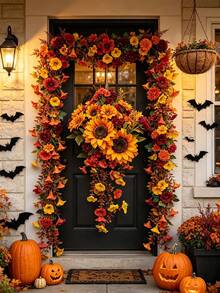 1 Set Autumn Artificial Sunflower & Morning Glory Vine - Rusty Orange & Red Mixed Tone Hanging Design, Suitable For Living Room And Halloween Home Decor - Orange - View 8