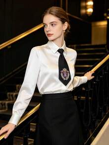 1pc JK School Style Tie-Free Women's Crown Emblem Embroidered Tie, Slouchy Zipper Design Black Versatile Shirt Accessory - Black - View 11