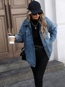 HAPPY GIRL Spring Autumn Winter Versatile Fashionable Denim Jacket For Women, Comfortable For Holiday, Daily, Vacation, Airport, Commuting - Blue - View 7