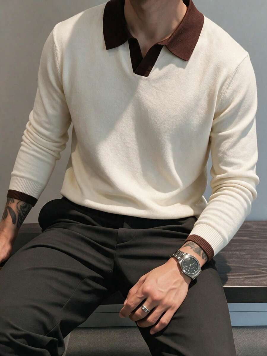 Men's Contrast Color V-Neck Long Sleeve Knit Polo Shirt, Business Casual Style Fashion Pullover Top