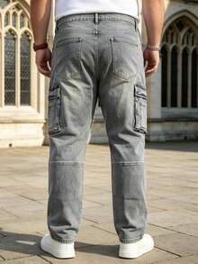 Men's Plus Size Stretch Cargo Jeans, Retro Faded Blue Straight Leg Denim Pants, Casual Work Trousers - Navy Blue - View 2