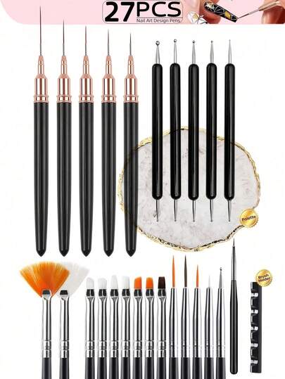 Set Alat Seni Kuku Hitam 1_5_6_11_26_27pcs, Kuas Liner Seni Kuku, Pena Titik Dua Ujung, Cat Kuku
