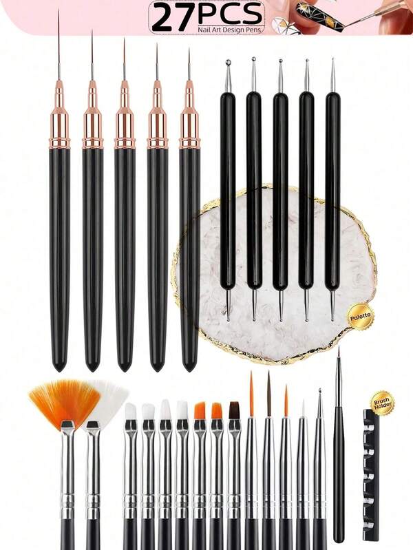 1_5_6_11_26_27pcs Black Nail Art Tool Set, Nail Art Liner Brush, Double-Ended Dotting Pen, Nail Pain
