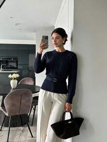 ODALIA Women's Elegant Solid Color Round Neck Long Sleeve Sweater, Cable Knit With Belt Waist Design, High Elasticity Regular Fit Top, Suitable For Winter Daily Wear, Fall/Winter Casual 2026 New, Women's Autumn/Winter Sweater, Women's Party Autumn/Winter Outfit, Women's Outing Outfit Sweater, Women's Casual Top, Fall/Winter Luxury Knit Top, Christmas - Navy Blue - View 2