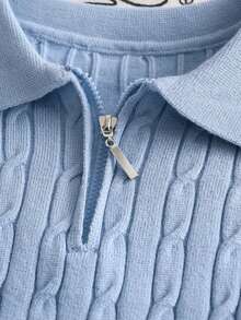 Boys' Blue Turn-Down Collar Half-Zip Long Sleeve Knitted Sweater With 3D Cable Knit Pattern, Minimalist Preppy Casual Versatile Pullover, Suitable For School Daily Wear In Spring, Autumn And Winter - Blue - View 4